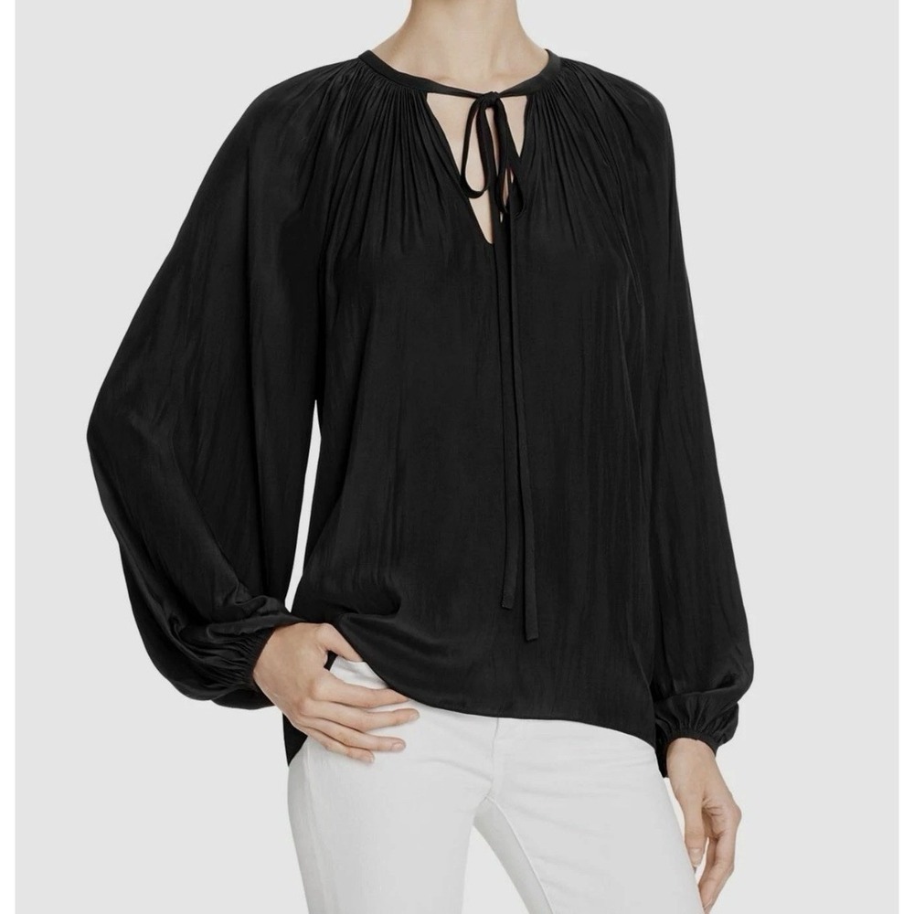 Ramy Brook Paris Blouse Top S Black V-Neck Balloon Long-Sleeve Shirt